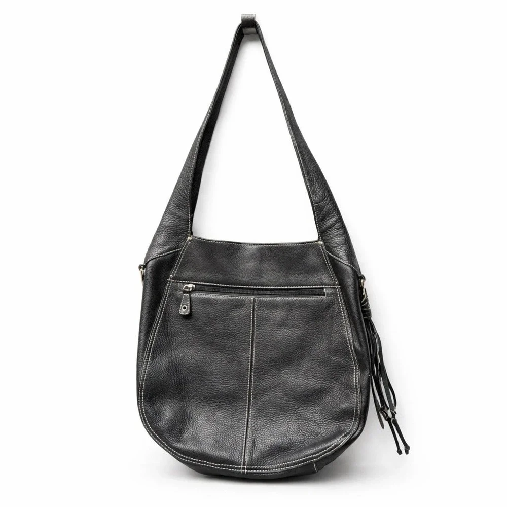 Tiganello Black Pebbled Leather Hobo‎ Shoulder Bag Tassel Handbag Purse